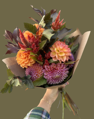 Handheld autumn-toned bouquet with dahlias and celosia against an olive green background
