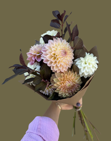 Pastel pink and white dahlia bouquet with dark leaves wrapped in brown paper.